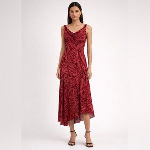 Vintage 90s/Y2K silk cowl neck bias cut asymmetric hem midi dress in red & rose.